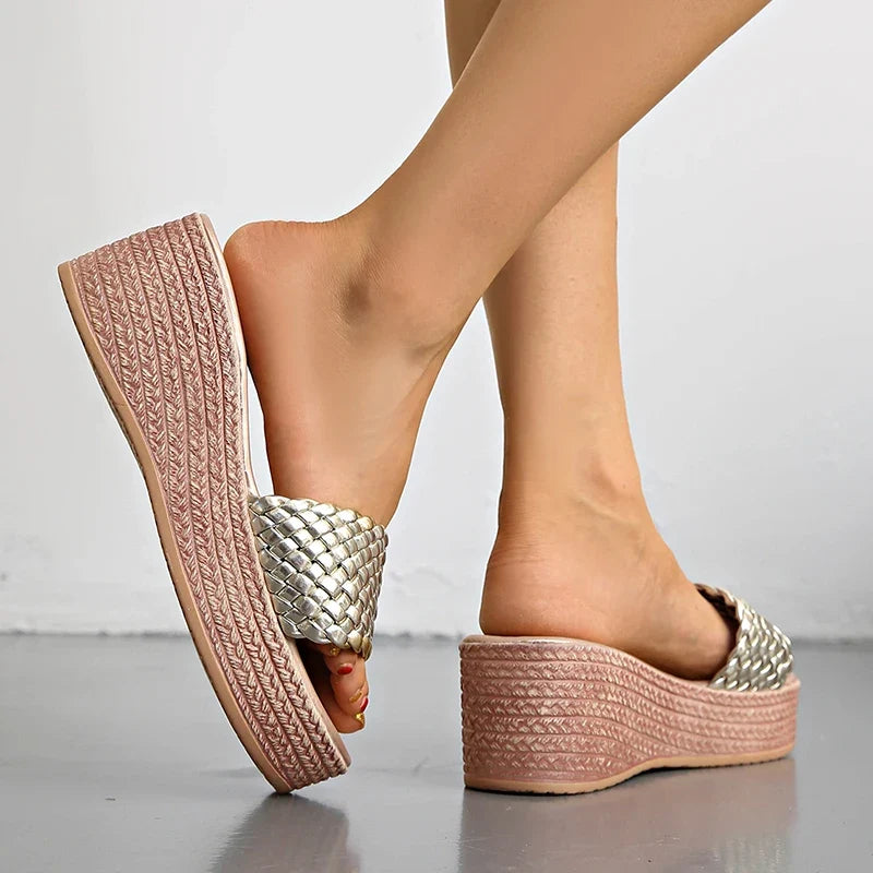 2026 Gold Woven Band Wedge Heeled Sandals Women Plus Size 43 Summer Platform Slippers Woman Light Thick Sole Rome Sandalias