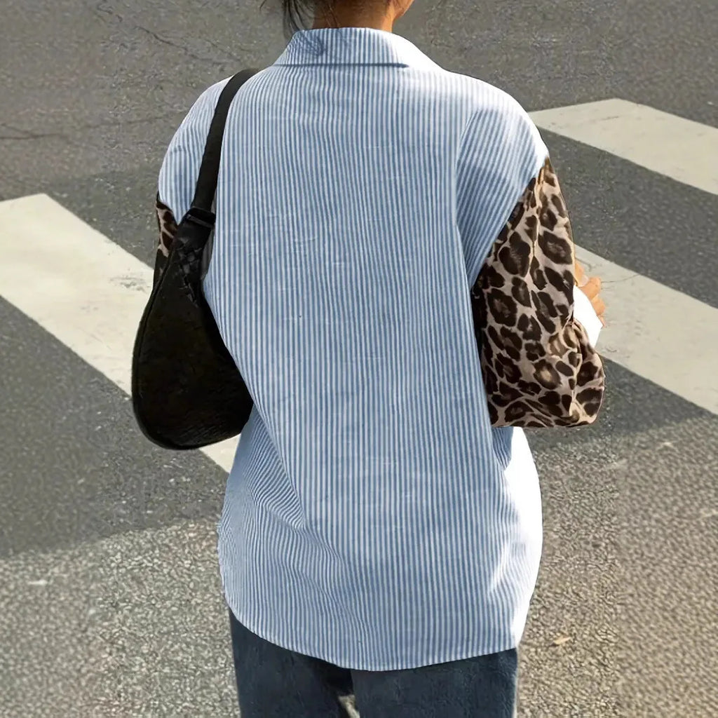 2026 New Women's Loose Casual Leopard Stripe Patchwork Long Sleeve Shirt with Pockets Turn Down Collar Blouse Top