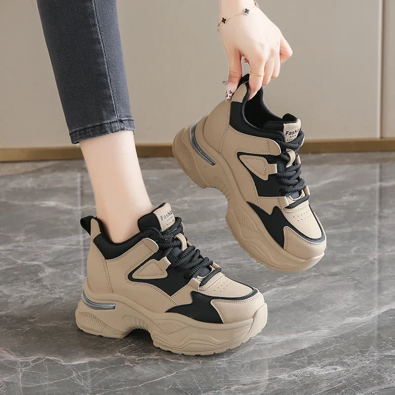 Chunky Platform Women Sport Sneaker Lace-Up Thick Bottom Vulcanize Shoes Woman Spring Autumn Pu Leather Breathable Running Shoes