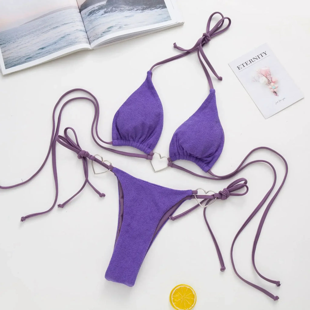 Love Shaped Metal Rings Bikinis Halter Velvet Bikini Women Swimwear Female Swimsuit Two-pieces Bikini Set Bathing Suit Swim Lady
