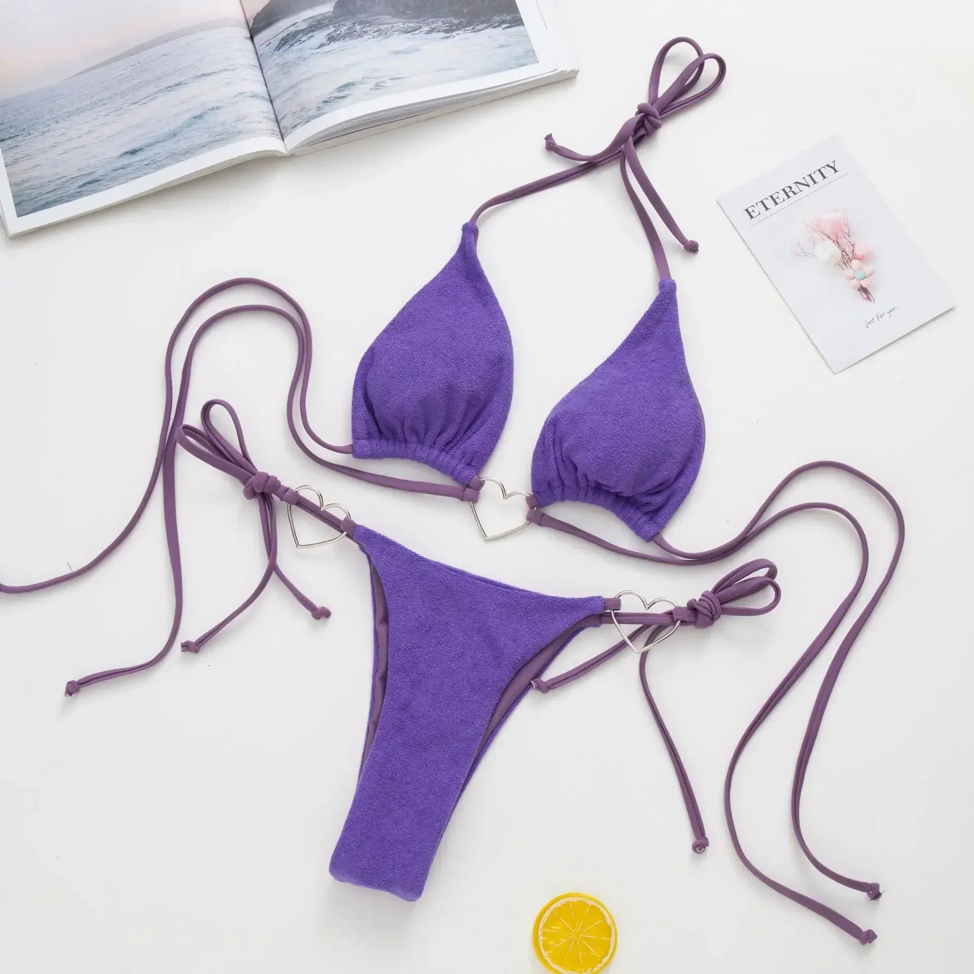 Love Shaped Metal Rings Bikinis Halter Velvet Bikini Women Swimwear Female Swimsuit Two-pieces Bikini Set Bathing Suit Swim Lady