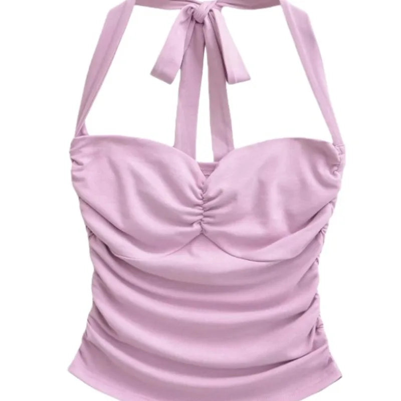 New Women's Fashion Sexy Backless Halter Neck Tie-up Ruched Tube Top Ultra-short Camisole Top In Solid Color Pure Desire F1MR