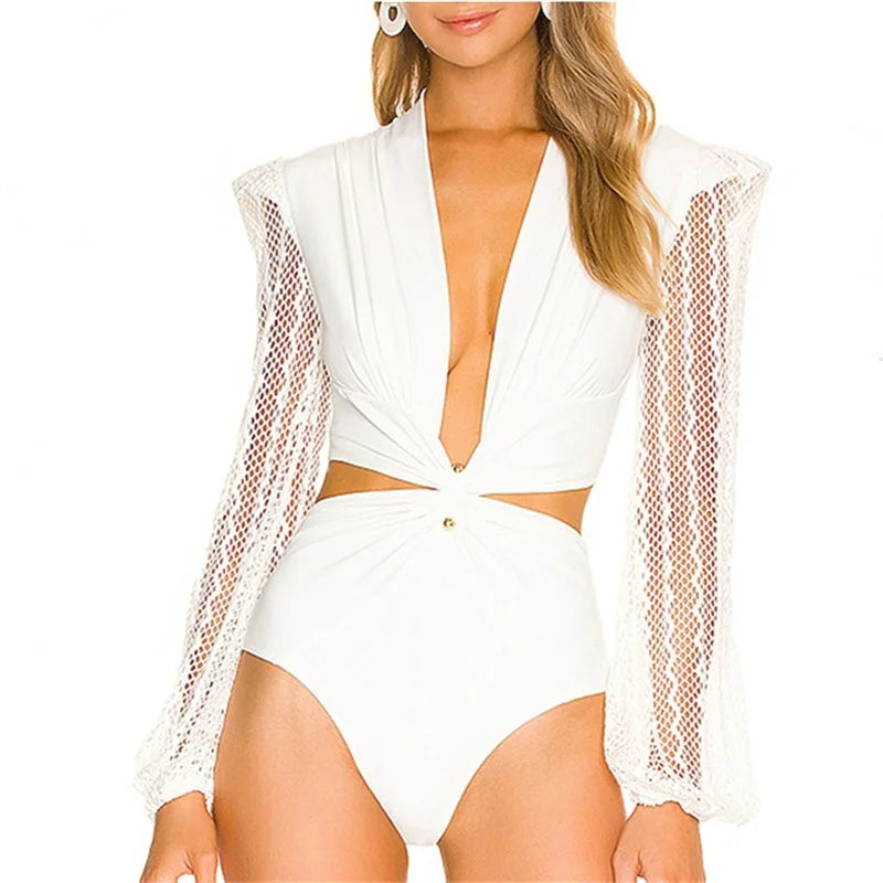 2026 New Sexy One Piece Swimsuit Swimwear Women Solid Hollow Lace Mesh Long Sleeve Deep V-neck One-piece Bathing Suit Beachwear