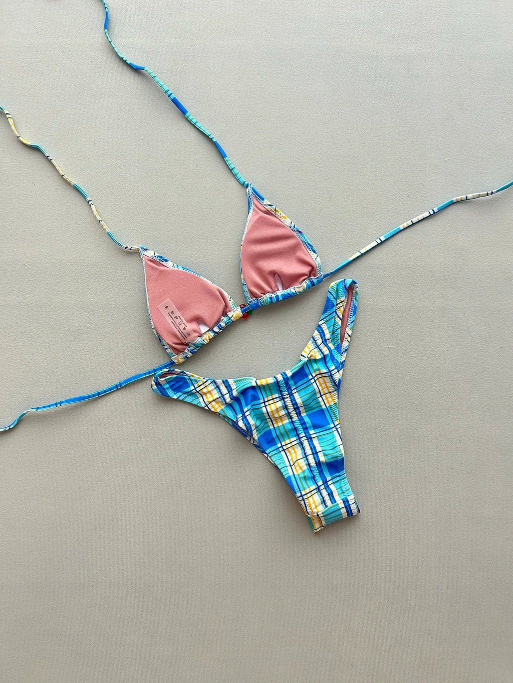 Sexy Blue Plaid Micro Bikini 2025 Women Halter Push Up Bra Bow Thong Swimsuit Summer Holiday Bathing Suit Triangle Swimwear