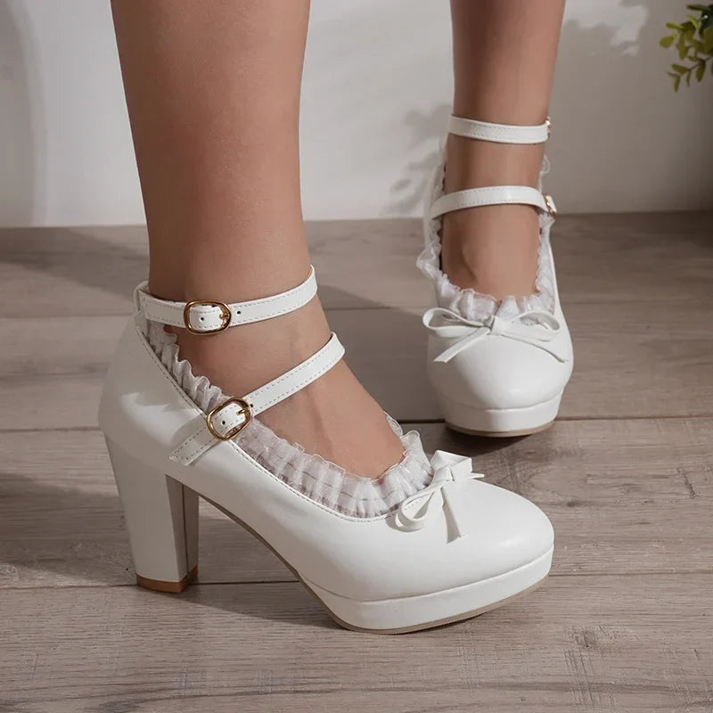 Women's Sweet Cute Lace Bow Lolita Platform High Heels, White Pumps Wedding Party Dress Shoes, Big Sizes 33-48