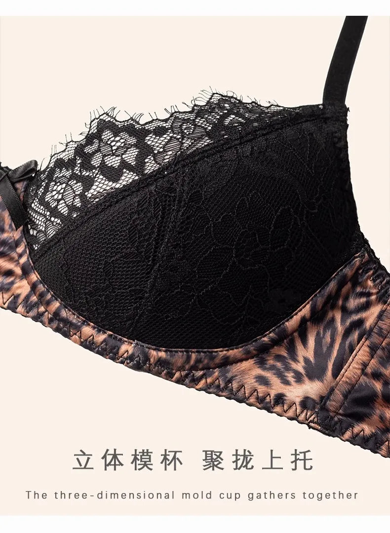 Sexy leopard print lace underwear for women, thin, small breasts, push-up, large bra, anti-sagging bra, new style