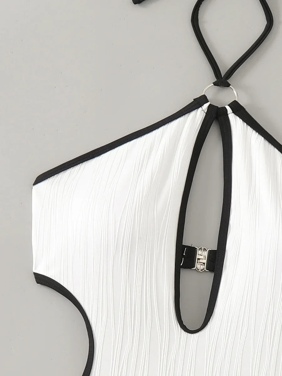 Hollow Out Wrinkled Halter One Piece Swimsuit Women Thong Swimwear Female Backless Monokini High Cut Leg Bathing Suit Beach Wear
