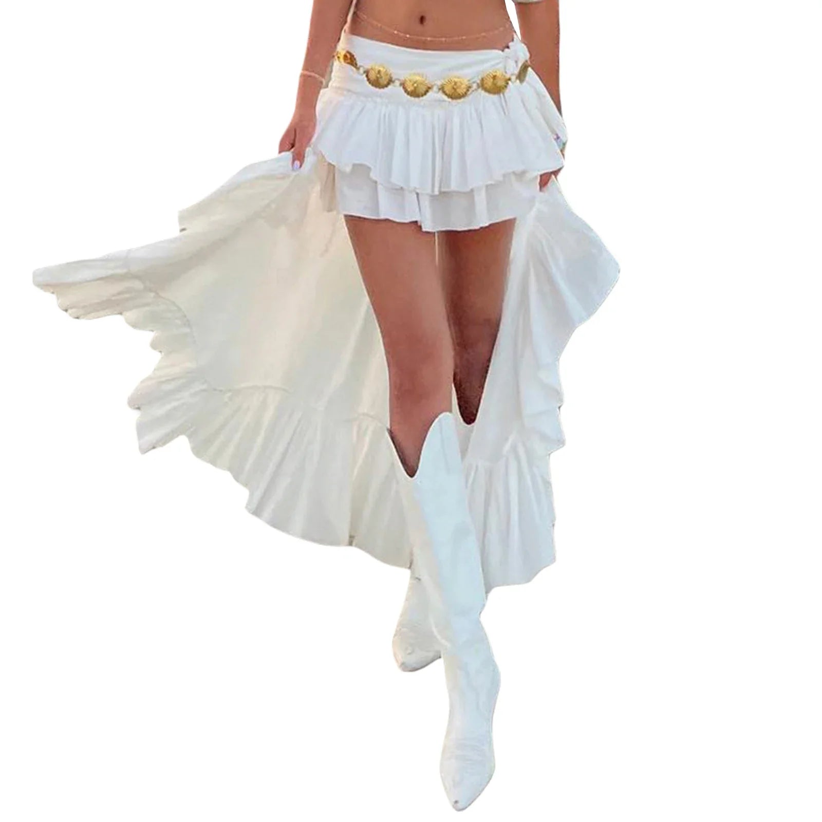 Women's Elastic Band Waist Flowy Skirt Irregular Ruffle Asymmetrical Midi White Boho Skirt Streetwear