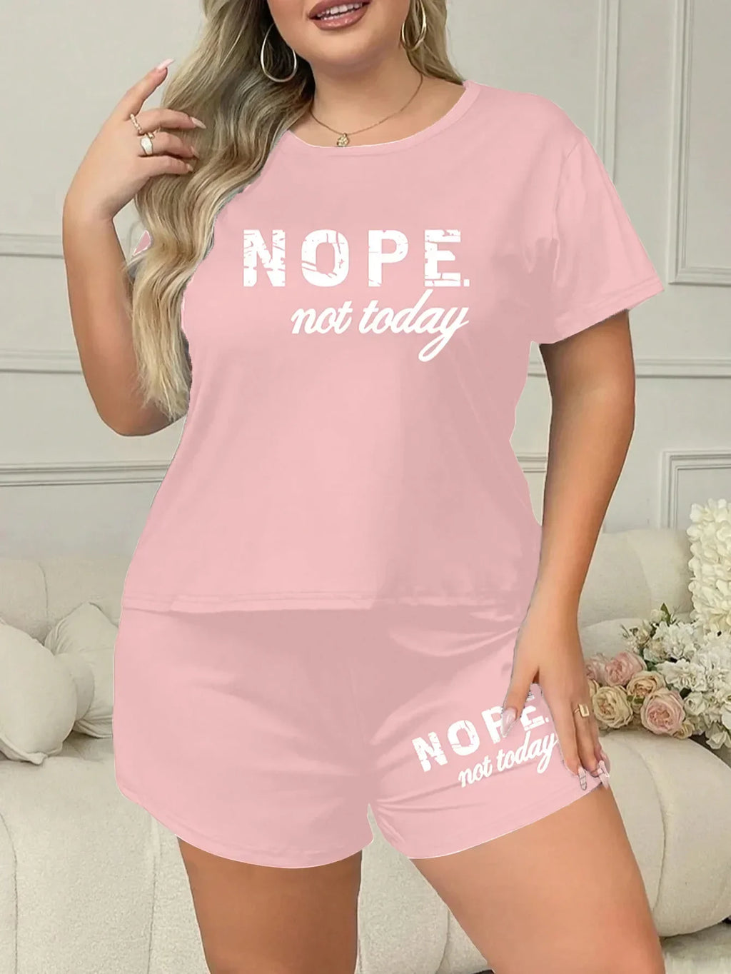 Plus Size 3XL 4XL 5XL Casual Loungewear Letters Print Pajamas Set Women's Short Sleeve Tee And Elastic Shorts Homewear
