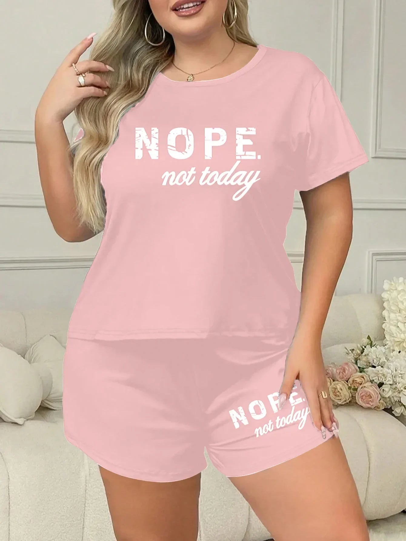 Plus Size 3XL 4XL 5XL Casual Loungewear Letters Print Pajamas Set Women's Short Sleeve Tee And Elastic Shorts Homewear
