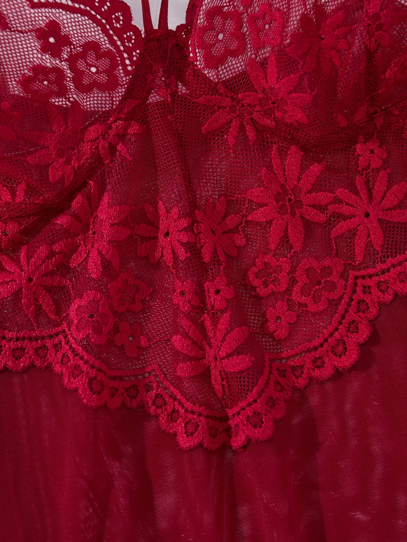 Deep V netted embroidered nightgown and thong set. Red lace strapless sexy women's homewear. ZA825096
