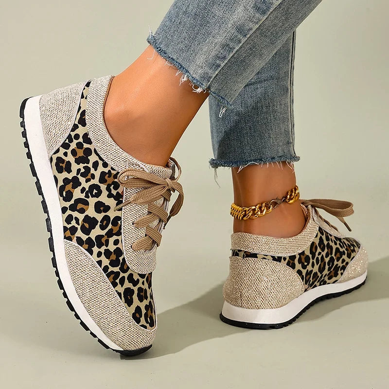 Plus Size 43 Leopard Print Platform Sneakers Women 2026 Breathable Lace Up Casual Flat Shoes Woman Non Slip Flats Walking Shoes