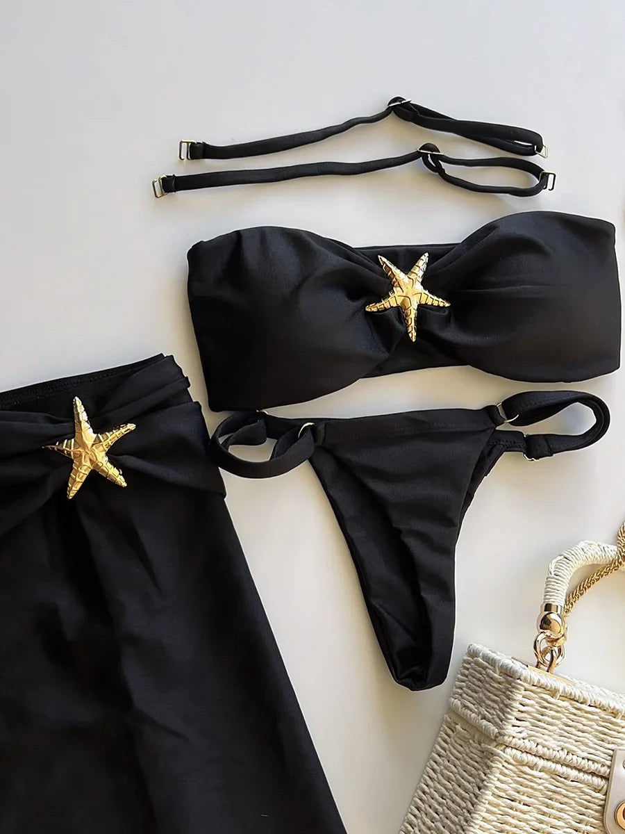 3 Pieces Starfish Thong Bikinis 2026 Solid Swimwear Female Sexy Solid Swimsuit Women & Beach Skirt Bathing Swimming Swim Suit