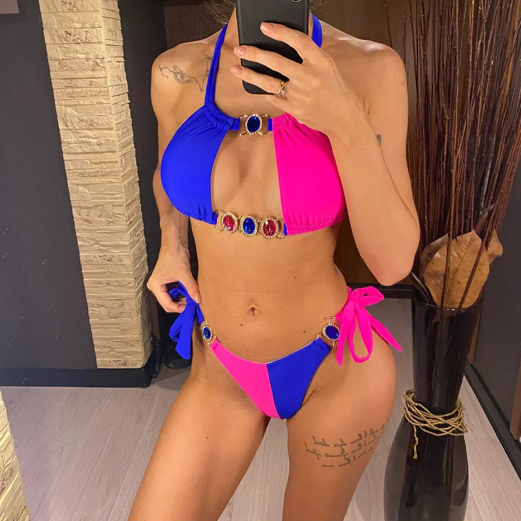 8 Colors Diamond Rhinestones Splicing Bikini Women Swimwear Female Swimsuit Two-Pieces Bikini Set Bather Bathing Suit Swim V5132