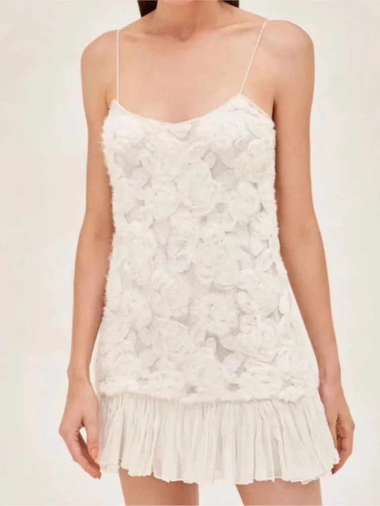 2025 Summer Lady New 3D Flower White Mini Chiffon Dresses Sexy Backless Simple Elegant Fashion Ladies Slim Holiday Party Outfits