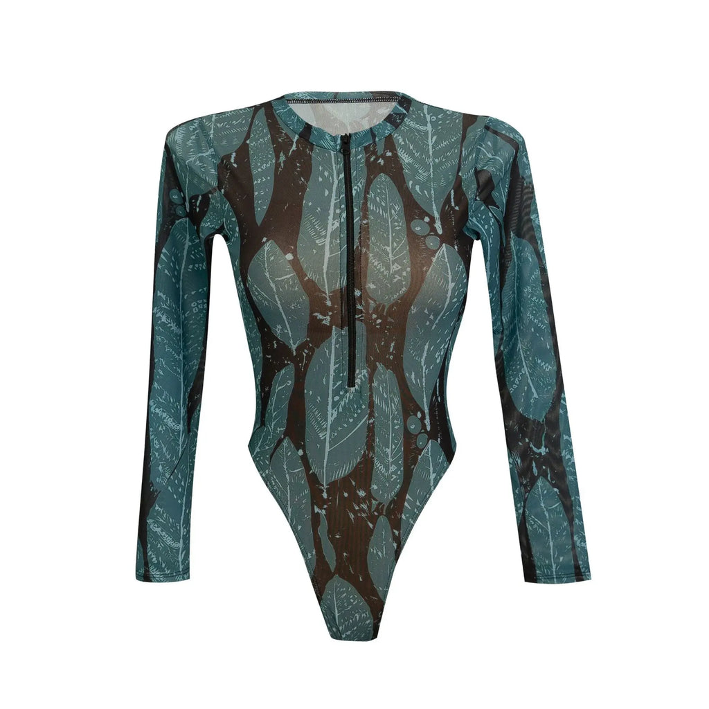 2026 Printed Long Sleeve with Long Pants Sexy One Piece Swimsuit Women Swimwear Female Flowers Padded Bather Bathing Suit Swim
