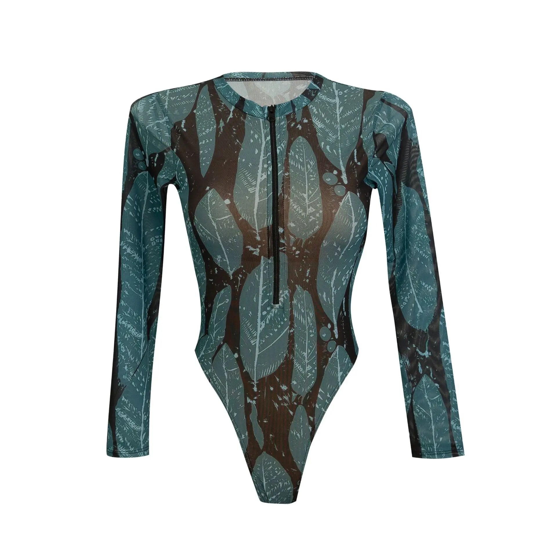 2026 Printed Long Sleeve with Long Pants Sexy One Piece Swimsuit Women Swimwear Female Flowers Padded Bather Bathing Suit Swim