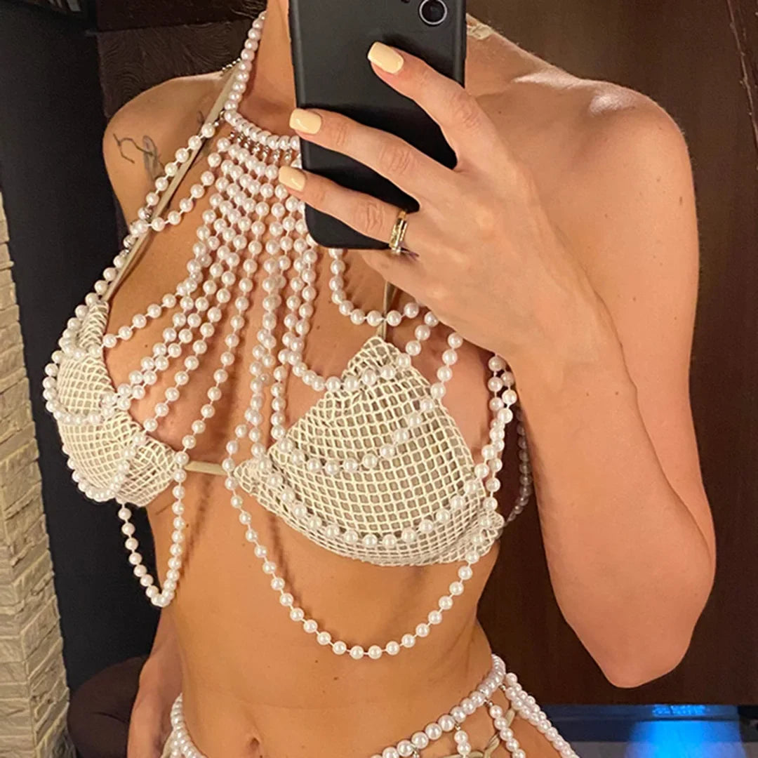 Luxury Pearls Halter Hollow Out See Through Bikini Top Female Swimsuit Women Swimwear Bather Bathing Suit Swim Beach Top V5409