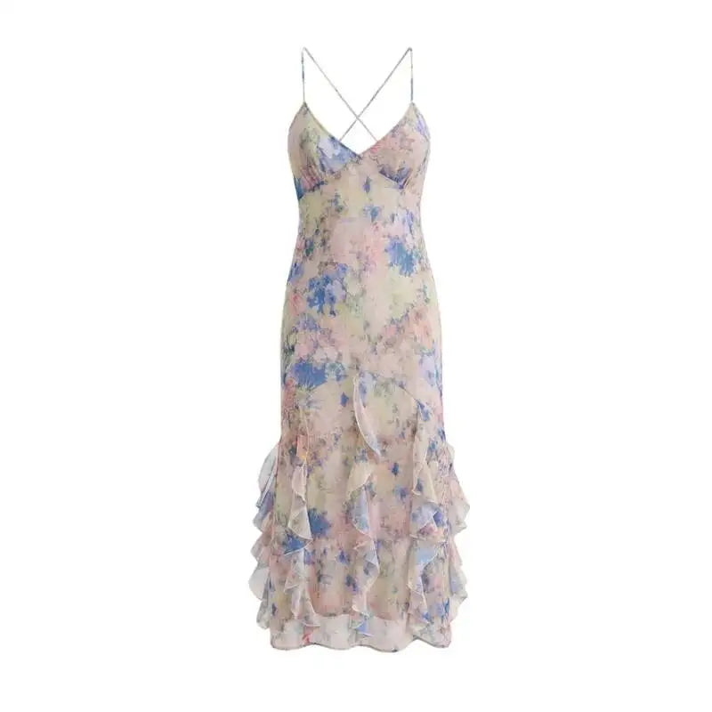Sexy Backless Cross-strap Dress Elegant For Women With Stylish Design Ruffle Trim Slim Fit Fairy-style Beach Dress Charming FD1T