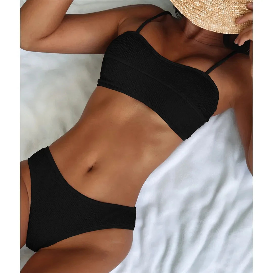 New Sexy Wrinkled Mid Waist Padded  Bikini Women Swimwear Female Swimsuit Two-Pieces Bikini Set Bather Bathing Suit Swim V3163