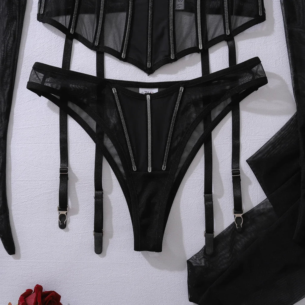 Toucheart Erotic Lingerie black Thin model see-through mesh Patchwork Body shaping gather together pure desire 5PCS with Gloves
