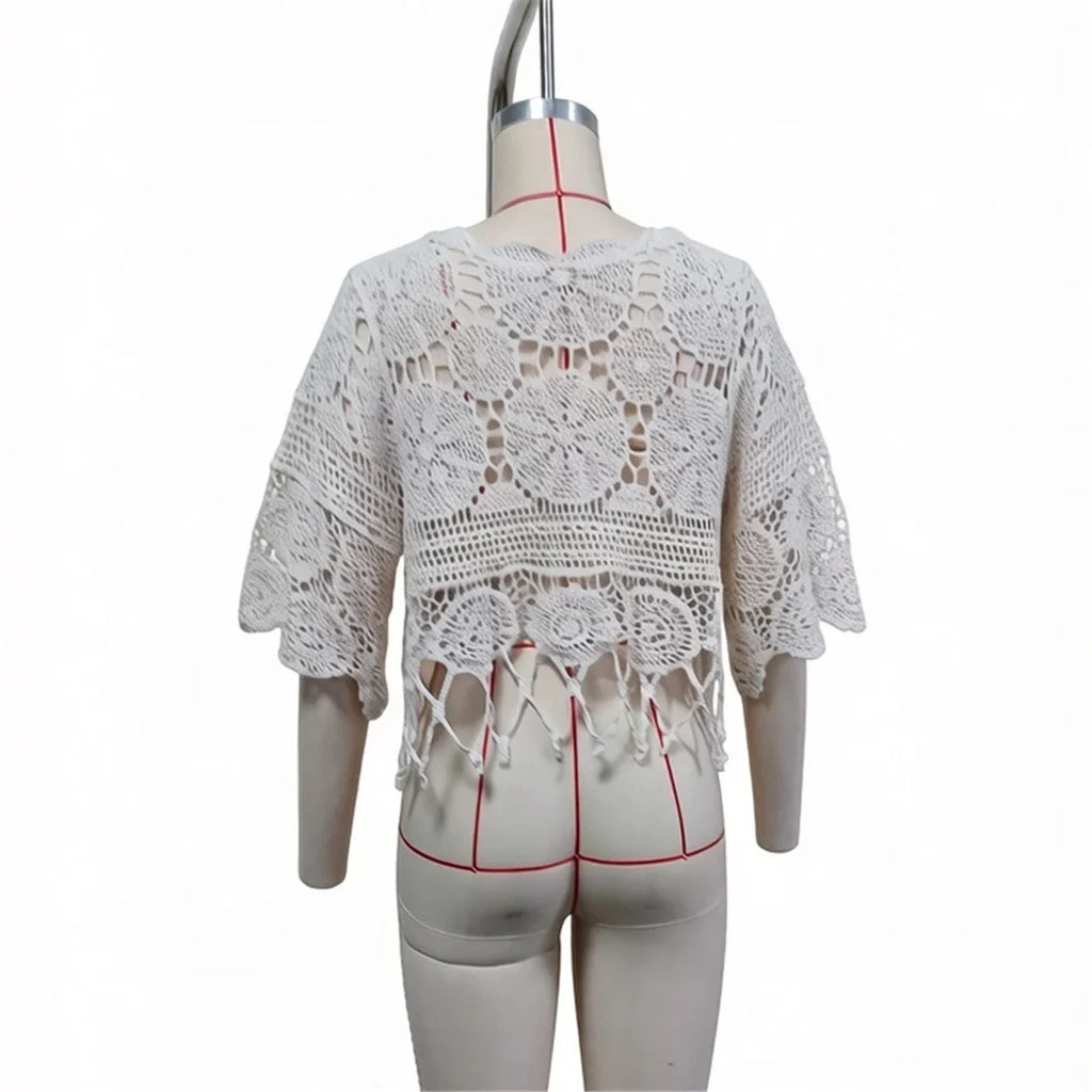 Half Sleeve Hollow Out Solid Crochet Knitted Tunic Beach Cover Up Cover-ups Beach Dress Beach Wear Beachwear Female Women V8401