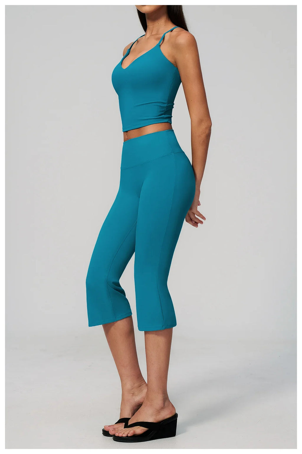Summer New Yoga Clothing Women Solid V Neck Slim Sports Tank Top Athletic Wear High Waist Butt Lift Mid Pants Gym Fitness Suits