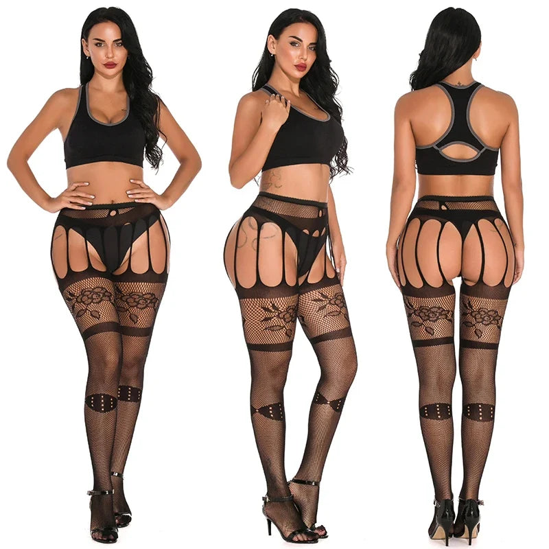 Women Rhinestone Stockings With Belt Set High Fishnet Tights Erotic Lingerie Sexy Pantyhose Floral Print Long Mesh Lace Stocking