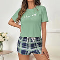 Women Pajamas Sets Short Sleeve Nightwear Top and Pants Sleepwear Faux Cotton Pjs Loungewear Grid Print Pyjamas Set Nightwear