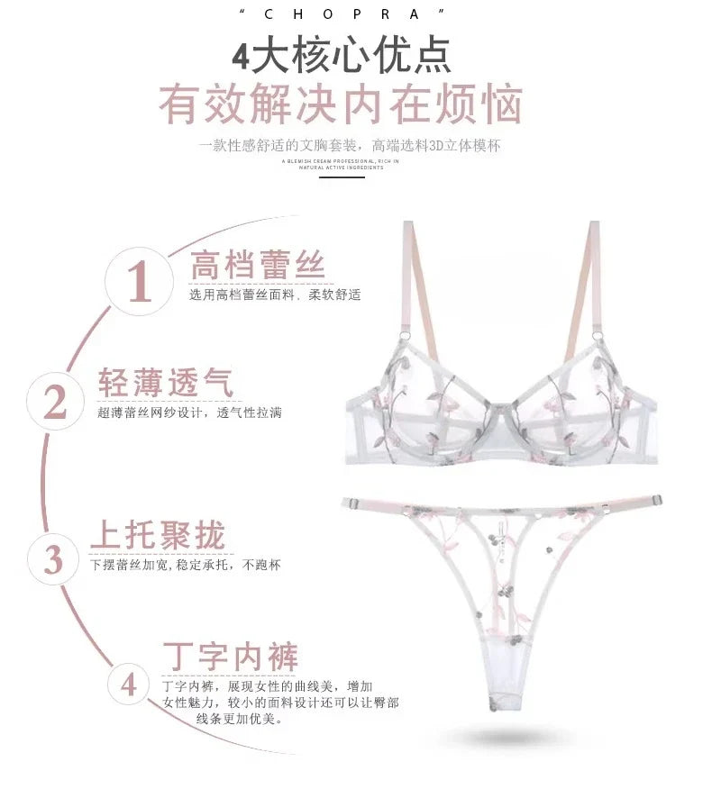 Elegant French Lingerie Set Sexy Embroidery Ultra Thin Bra Thong, Large Bust Minimizer Plus Size Anti Sagging Comfort MOYISU Bra