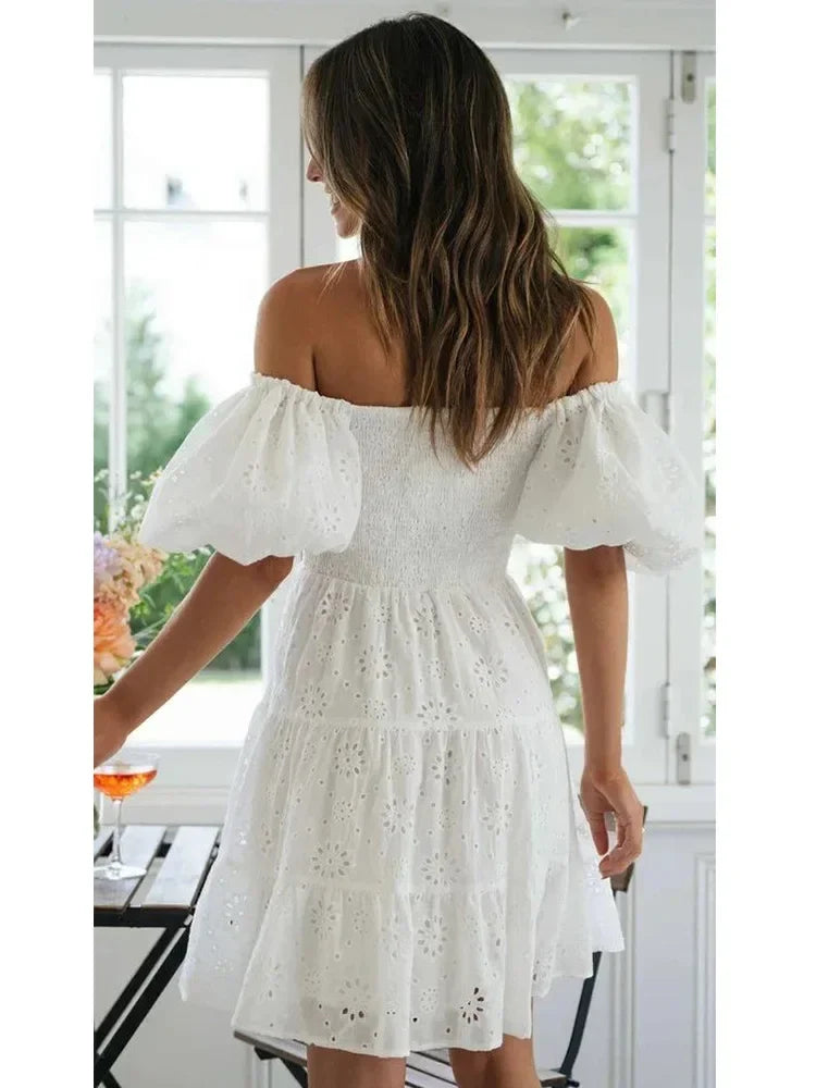 Puff Sleeve Cotton White Lace Dress Women Summer 2025 Square Collar Vintage Beach Short Dress Petite Flower Embriodery  Dress