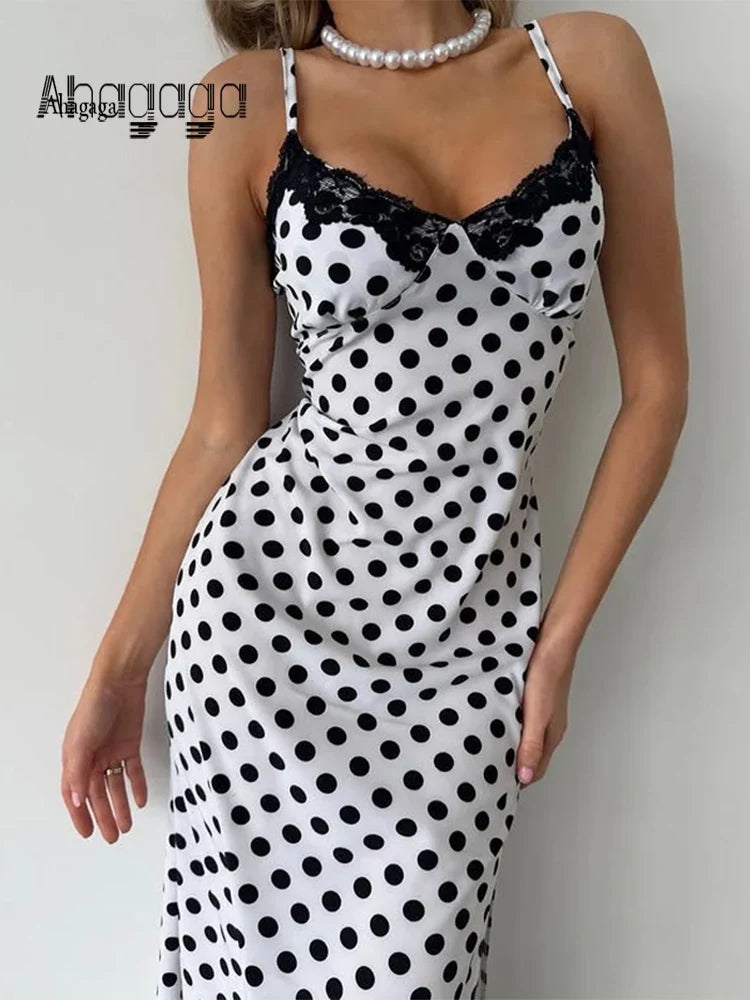 Ahagaga Fashion Women's Polka Dot Dresses Lace Patchwork Camisole Slit Slim Fit Sexy Female Casual Outfit Summer Beach Vestidos