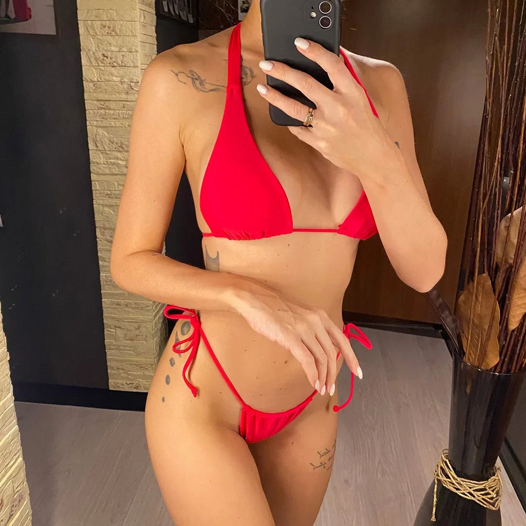 Sexy 11 Color Halter Mini Micro Thong Bikini Female Swimsuit Women Swimwear Two-pieces Bikini set Bather Bathing Suit Swim V4064