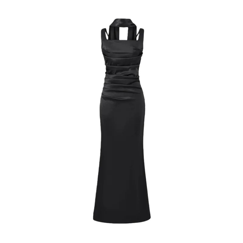 Pure Desire Style Collarbone-revealing Strapless Long Dress Feminine And Slim-fitting With Pleated Waist Tie Straps Bodycon LWIO