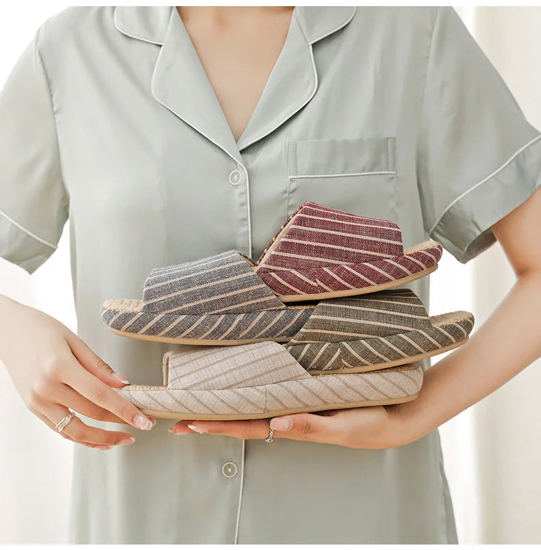 Breathable Linen Slippers For Women Men Summer House Shoes Striped Design Soft Sole Anti-Slip Couples Home Floor Cotton Slides