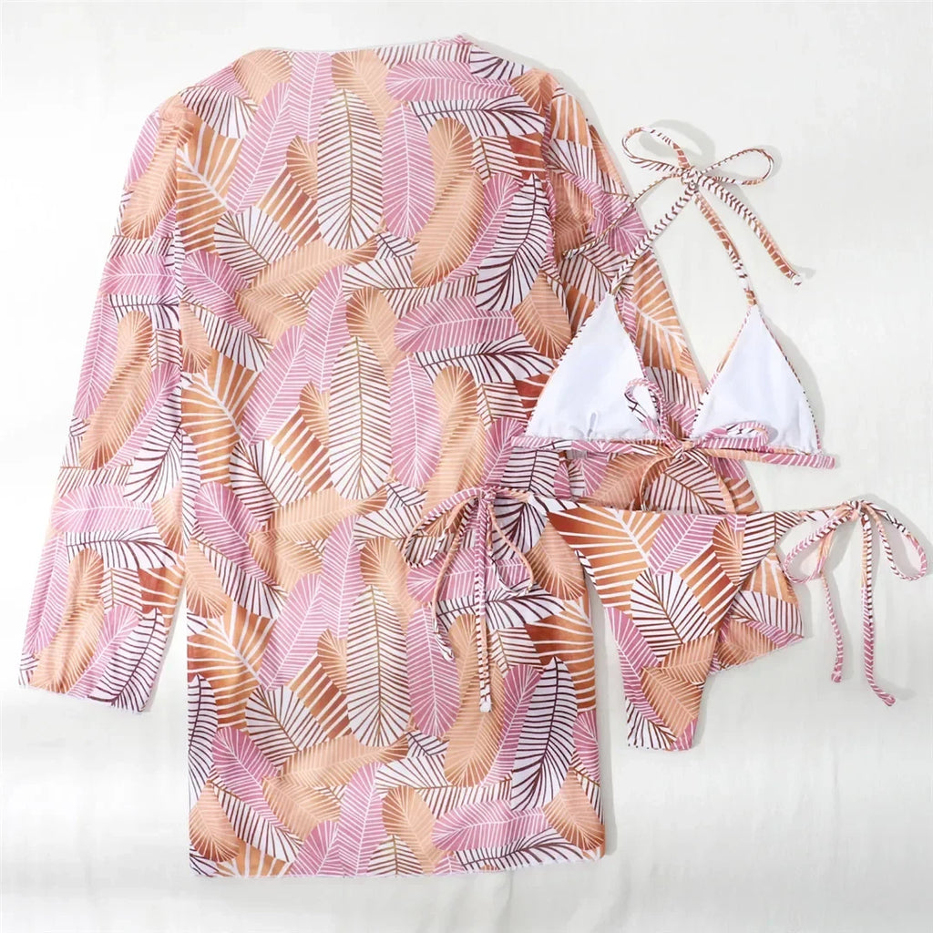 With Cover Up Leaves Printed Bikini Women Swimwear Female Swimsuit Three-pieces Bikini Set Bather Bathing Suit Swim Beachwear