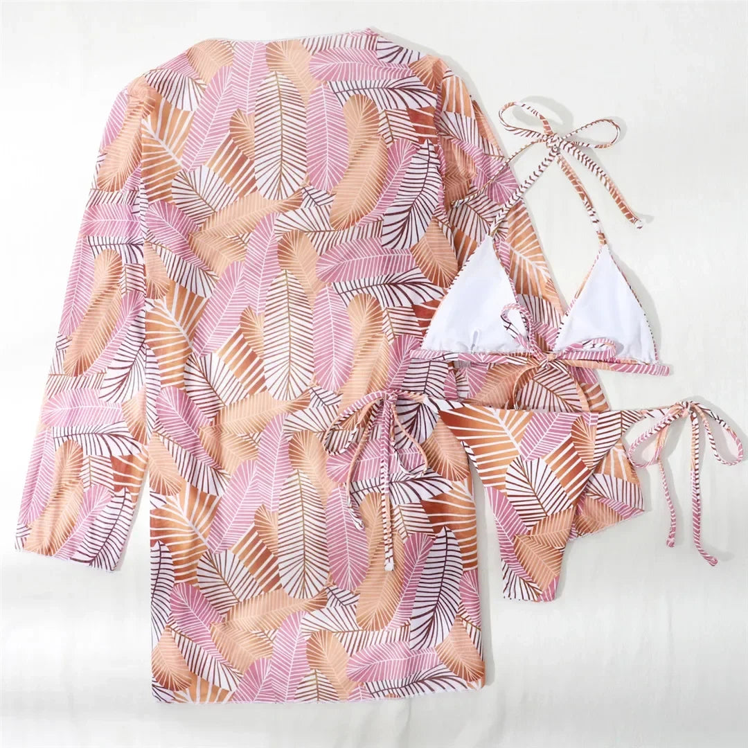 With Cover Up Leaves Printed Bikini Women Swimwear Female Swimsuit Three-pieces Bikini Set Bather Bathing Suit Swim Beachwear