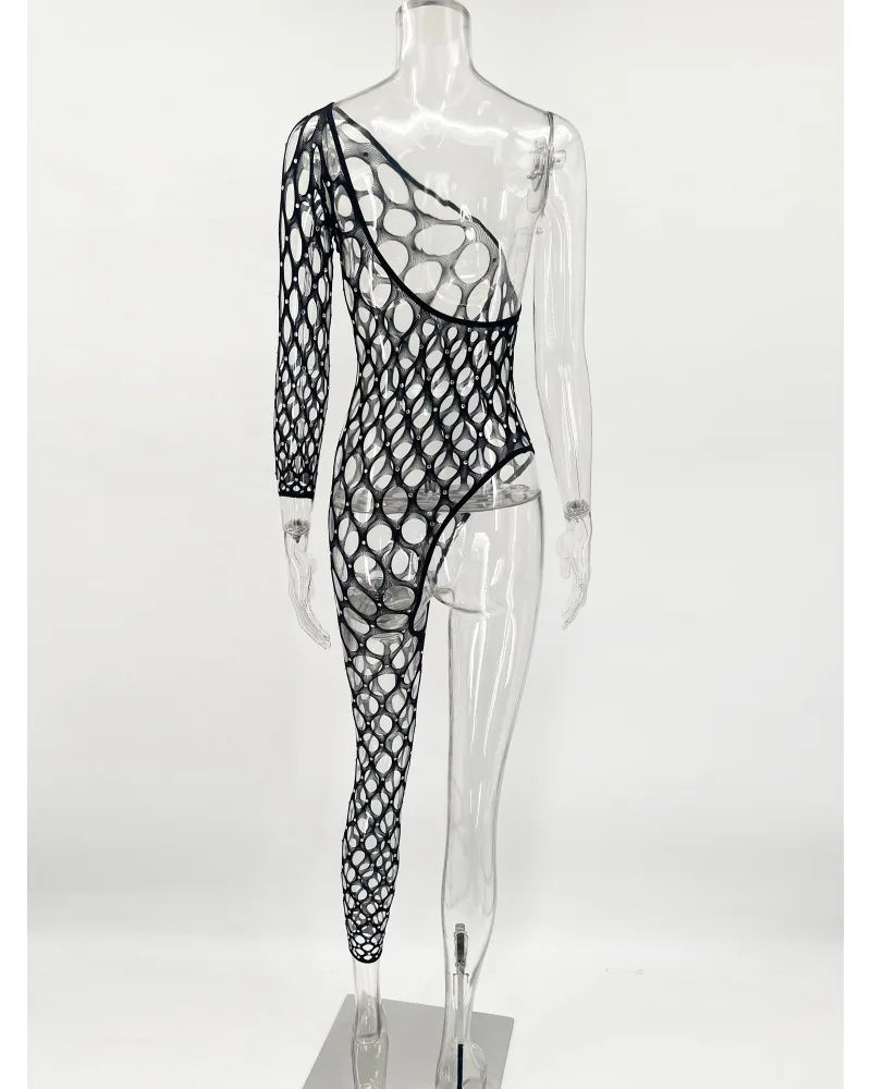 Toucheart Sexy Lingerie Women's Jumpsuit Shiny Diamond Fishing Net One-sleeved Leg Jumpsuit Sexy Hollow Out See-through Jumpsuit