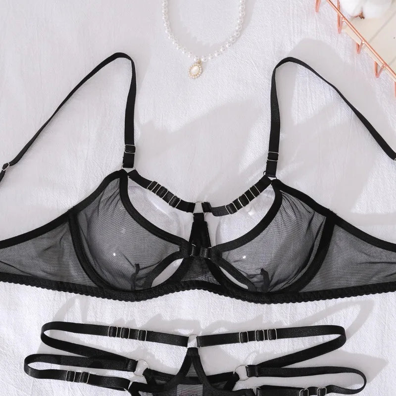 Toucheart Sexy Mesh Lingerie Split Kit with Gloves Steel Ring Laceup Patchwork Skinny See-through Hollow Interesting Private Set
