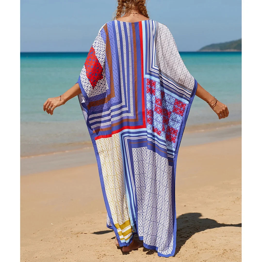 2026 New Colorful Kaftan Tunic Beach Dress Beach Wear Beachwear Beach Cover Up Cover-upsLoose Maxi Dress Female Women V4428