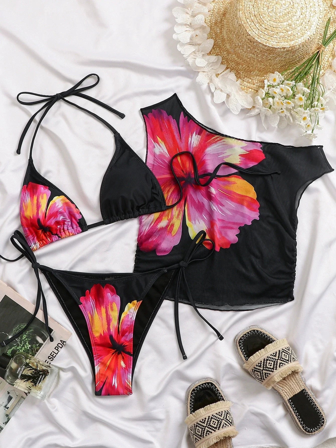 DEKA WomenFloral Print Halter Neck Bikini Set Mesh Cover Swimsuit Women's 3 Piece Vacation Beach Lace-up Swimwear