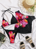 DEKA WomenFloral Print Halter Neck Bikini Set Mesh Cover Swimsuit Women's 3 Piece Vacation Beach Lace-up Swimwear