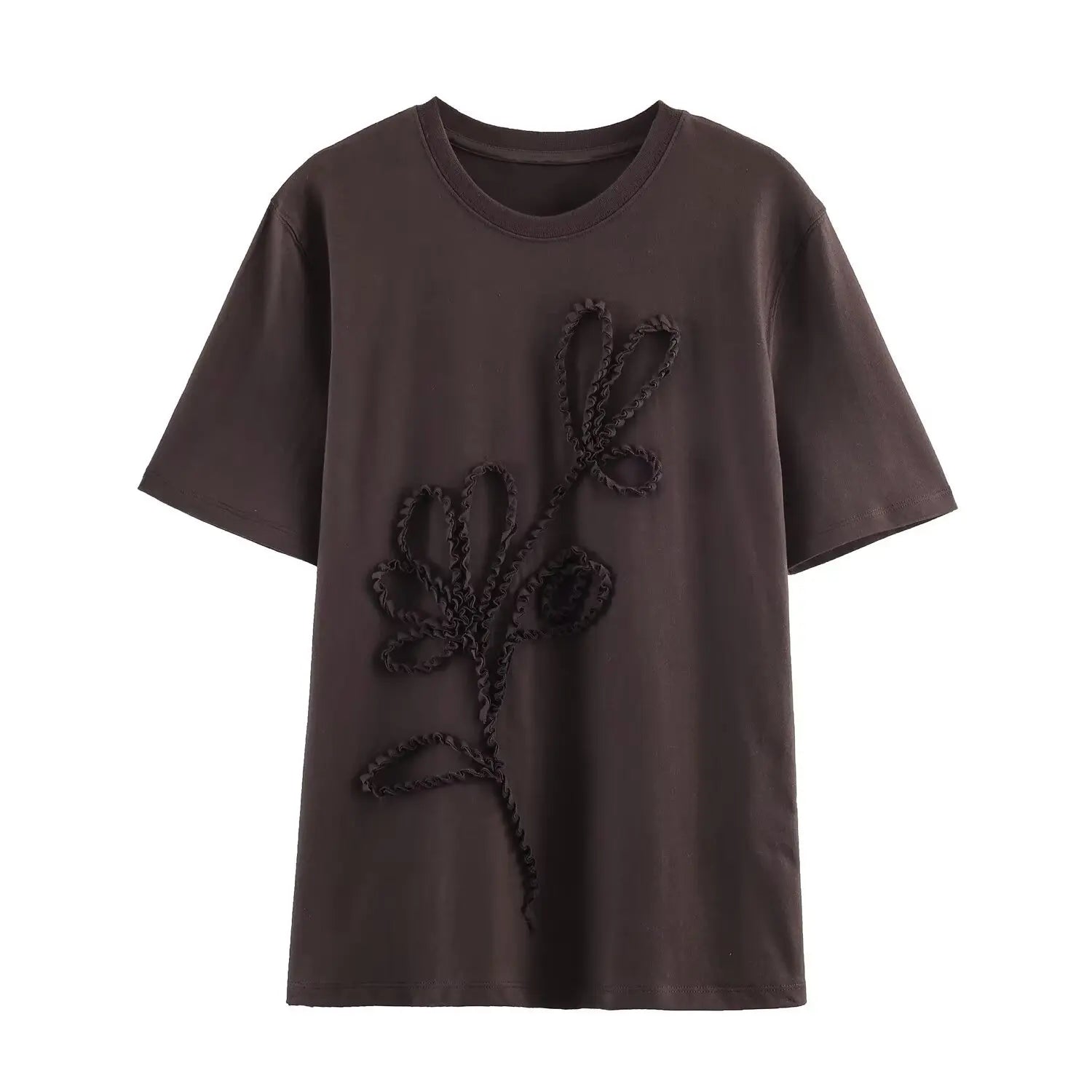 Women's Short Sleeve Round Neck Slim Fit Bow T-Shirt Floral For Women Soft Ruffled Floral Embroidery For Casual Outings Q702