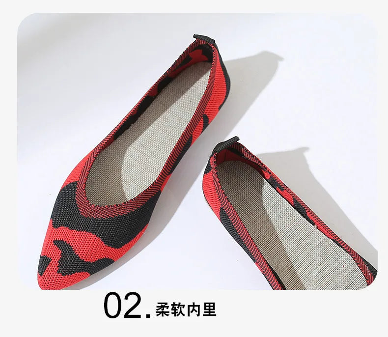 Elegant Leopard Knitted Ballet Flats Woman Pointed Toe Mesh Moccasins Ladies Fashion Walking Loafers Slip-on Soft Driving Shoes