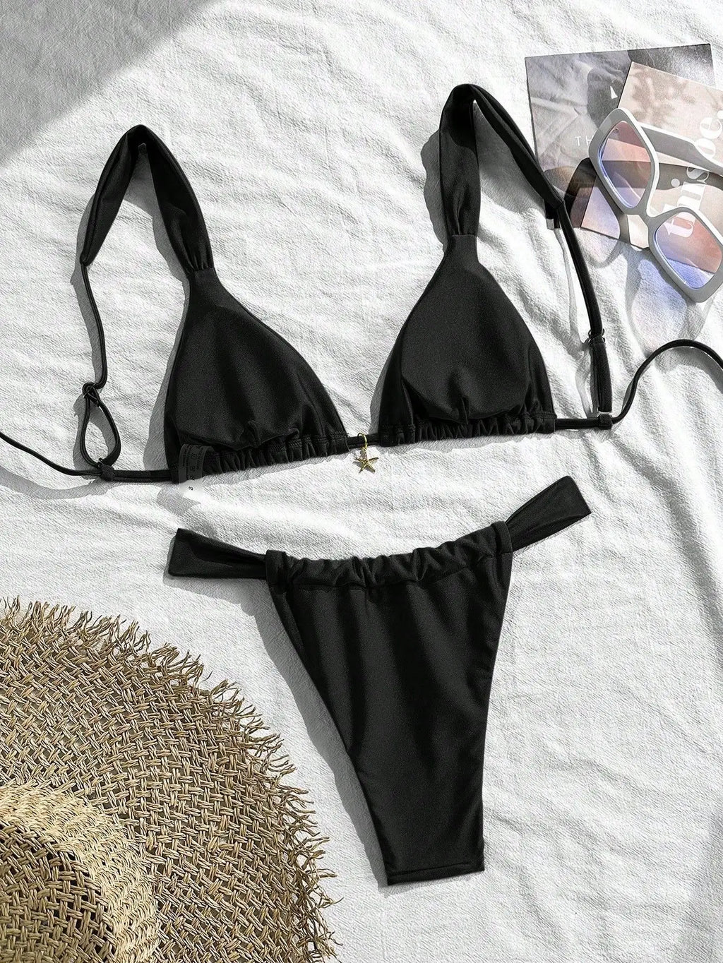 Sexy Starfish Ornament Bikini Set 2026 Women Sky Blue Pleate Push Up Bra Pleate Thong Swimwear Beach Bathing Suit Micro Swimsuit