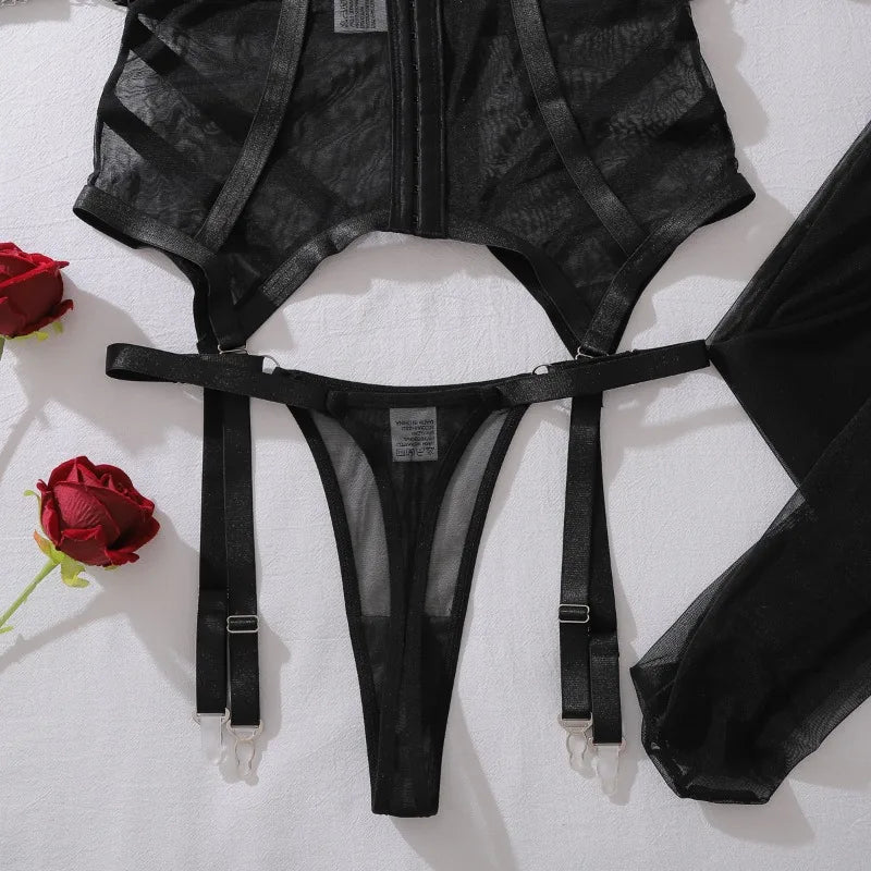 Toucheart Erotic Lingerie Fashionable See-through Mesh Complex Craft Waist Halterneck Women Luxurious Sexy Suit with Leg Socks