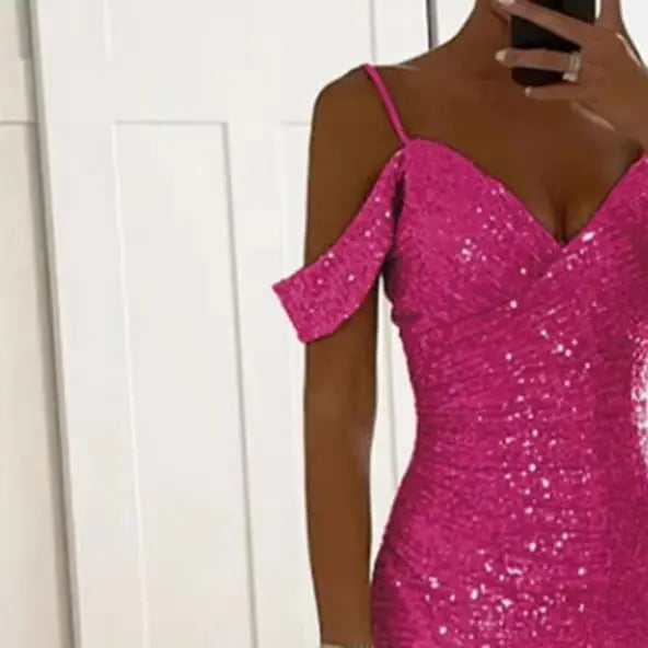 Women Evening Dress Off Shoulder V Neck Side Slit Floor Length Sequin Ball Gown Sleeveless Prom Wedding Party Banquet Maxi Dress