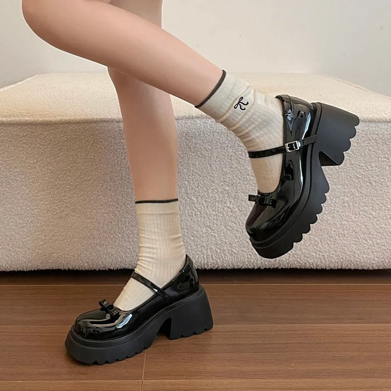 Japanese Style Bow Chunky Platform Pumps Women Ankle Buckle Thick Heels Mary Jane Shoes Woman Preppy High Heel Pu Leather Shoes