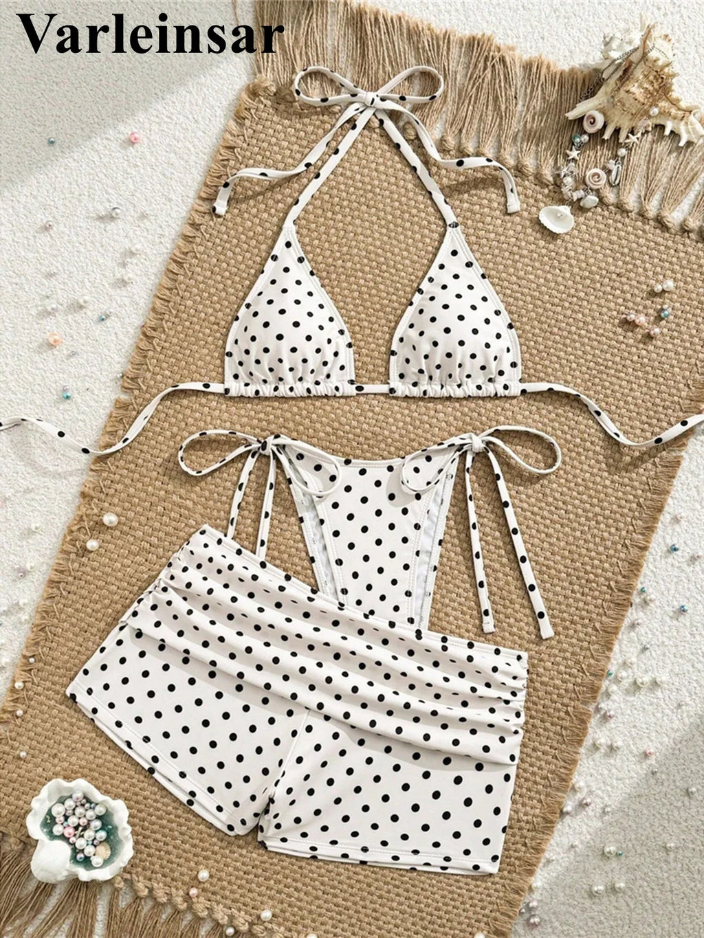 S - XL With Shorts Polka Dot Halter Bikini Female Swimsuit Women Swimwear Three-pieces Bikini Set Bather Bathing Suit Swim V8292