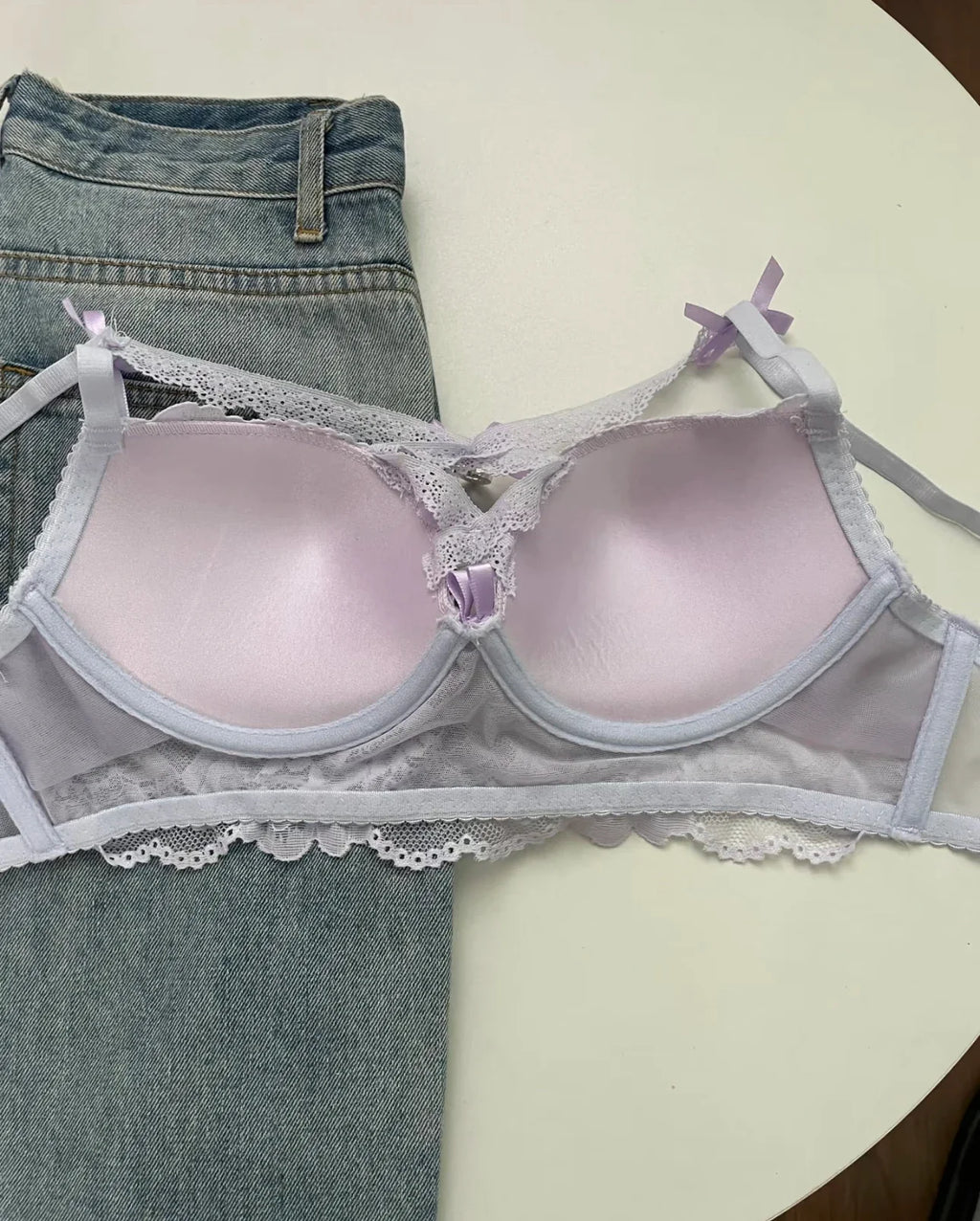 Japanese Lace Bra Set, Heart Pendant Purple Lingerie Sexy & Pure Small Chest Push Up Bralette, Fashion Outerwear Design Enhancer